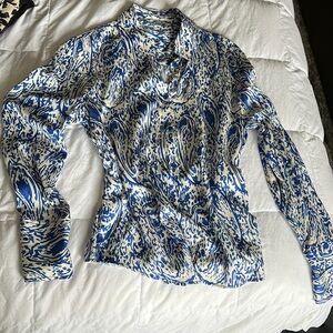 Zara Blue and White Fitted Button Down Shirt
